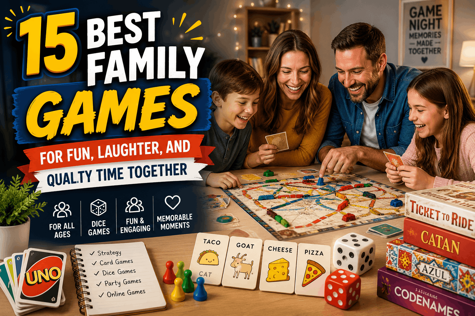 Family enjoying the best family games together, including board games, card games, and dice games during a fun family game night.