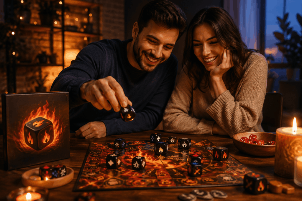 ouple playing Schnyders Dice of Fire together during a cozy date night at home.