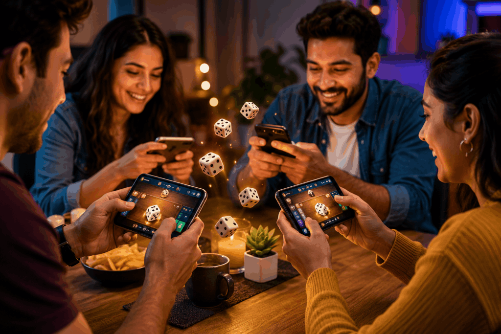 Friends playing simple dice games on mobile phones together during a fun game night.