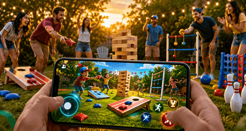 Friends playing outdoor yard games while a smartphone displays a colorful digital version of the backyard gaming experience.