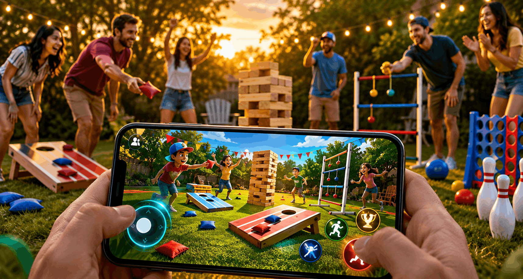 Friends playing outdoor yard games while a smartphone displays a colorful digital version of the backyard gaming experience.