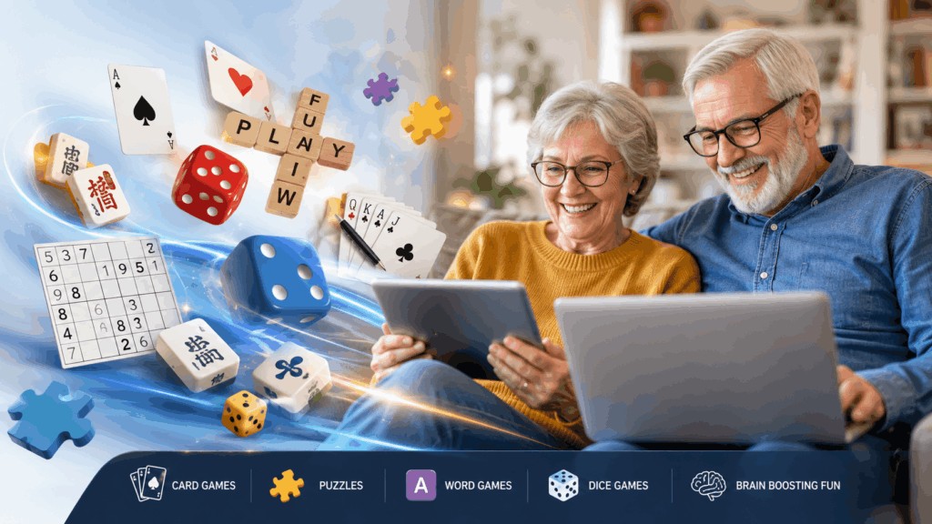 Smiling senior couple using a tablet and laptop while enjoying online brain games, surrounded by floating icons of card games, puzzles, word games, dice, Mahjong tiles, Sudoku, and playing cards representing fun cognitive activities and mental fitness.