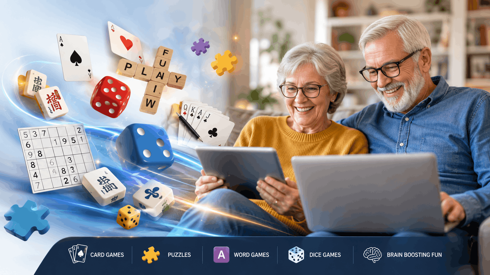 Smiling senior couple using a tablet and laptop while enjoying online brain games, surrounded by floating icons of card games, puzzles, word games, dice, Mahjong tiles, Sudoku, and playing cards representing fun cognitive activities and mental fitness.