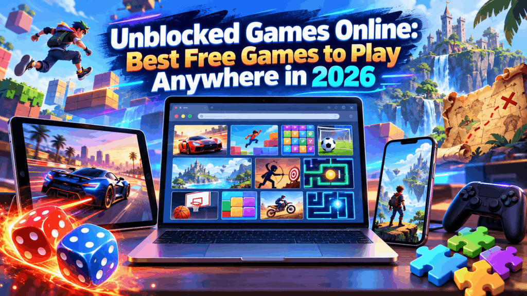 Unblocked games online banner featuring free car, action, adventure, puzzle, and dice games to play in 2026.
