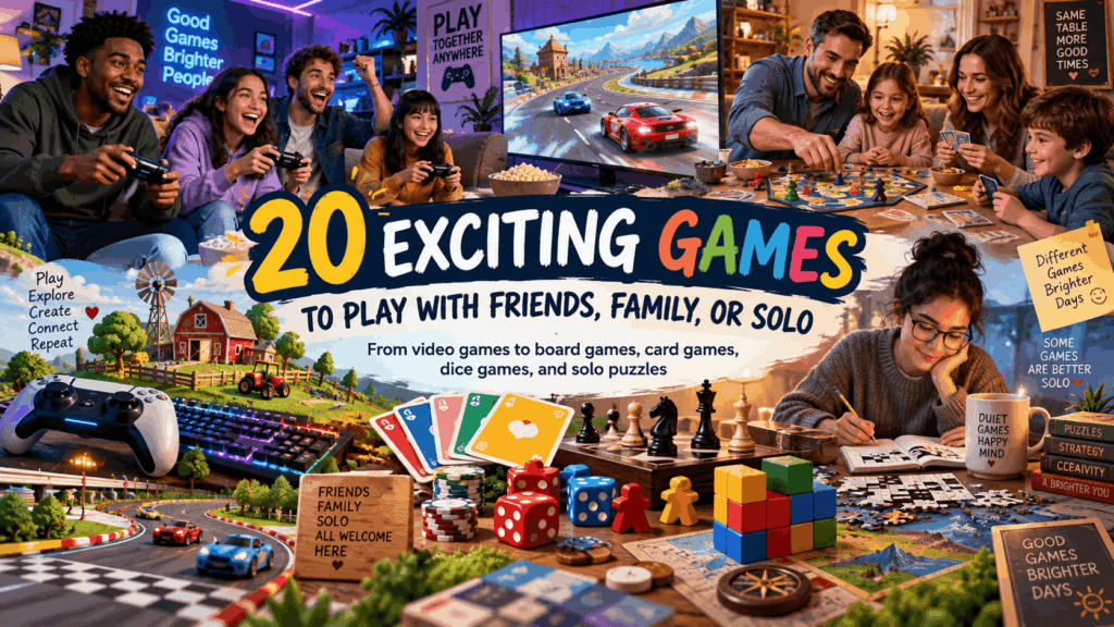 15 most addictive mobile games banner featuring smartphone gaming, action, racing, sports, puzzle, card, and dice game elements.