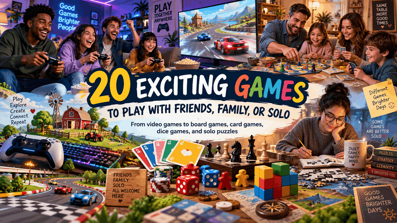 Colorful gaming banner featuring friends playing video games, a family enjoying board games, cards, dice, chess, racing games, puzzles, and solo activities.