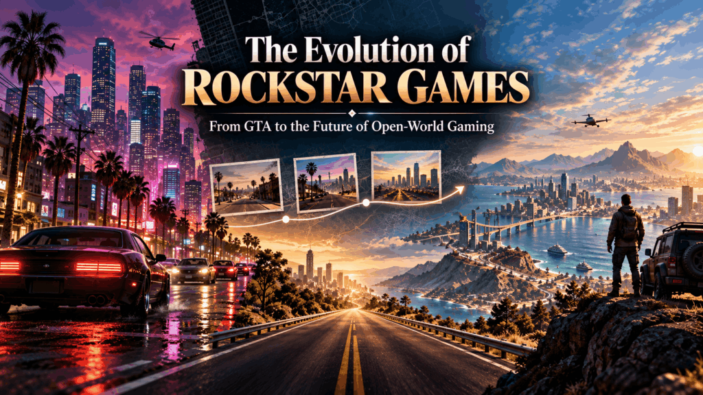 The Evolution of Rockstar Games banner showing a neon city, open highway, modern coastal world, vehicles, and the progression of open-world gaming.
