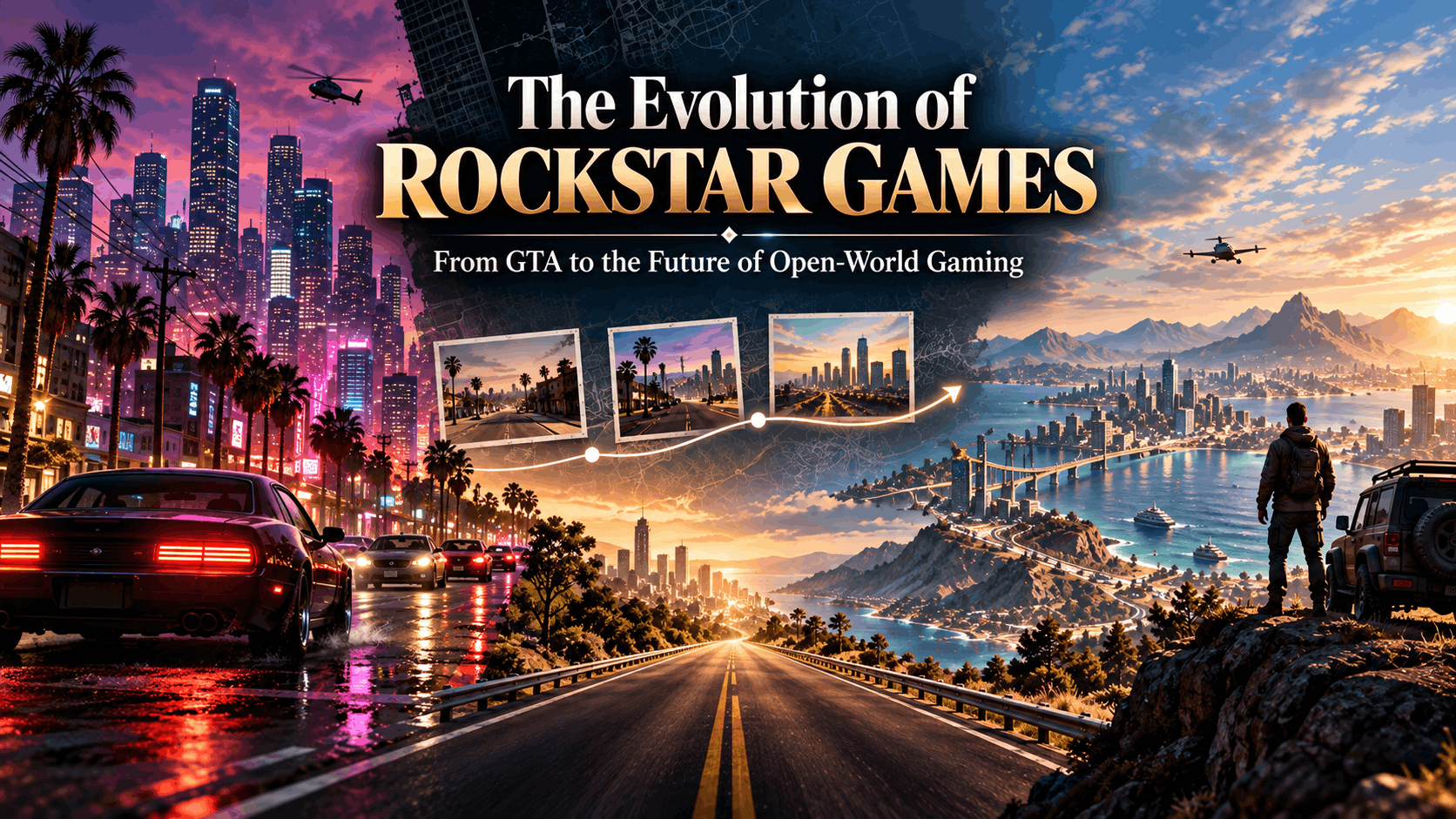 The Evolution of Rockstar Games banner showing a neon city, open highway, modern coastal world, vehicles, and the progression of open-world gaming.