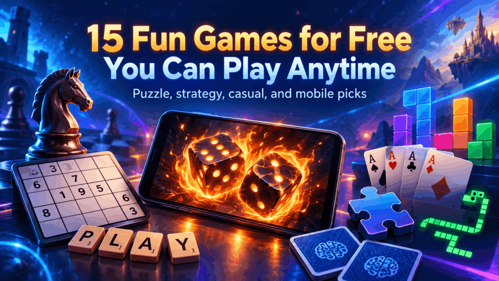 Banner showing 15 fun games for free with fiery dice, chess, Sudoku, playing cards, puzzle pieces, word tiles, and colorful block games.