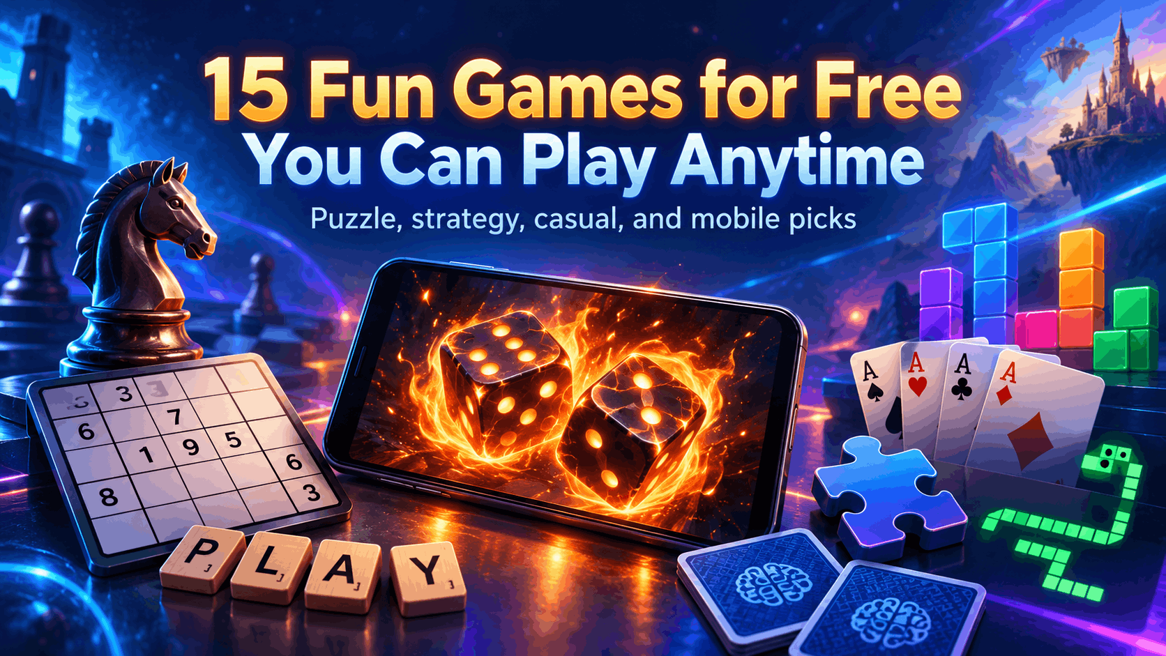 Banner showing 15 fun games for free with fiery dice, chess, Sudoku, playing cards, puzzle pieces, word tiles, and colorful block games.