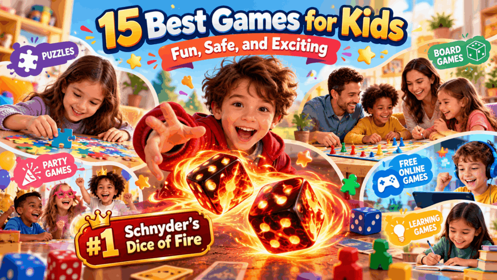 15 best games for kids featuring Schnyder’s Dice of Fire, puzzles, board games, party games, learning games, and free online games.