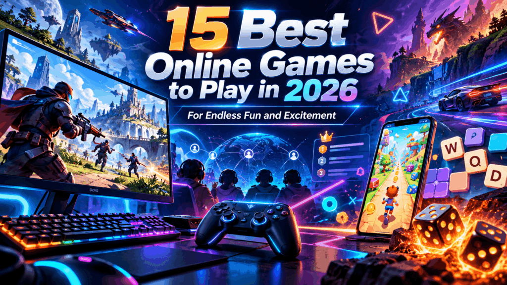 10 best online games to play in 2026 featuring PC games, mobile games, multiplayer gaming, puzzle games, racing, controllers, and dice games.