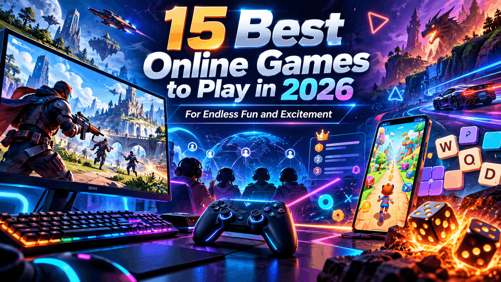 10 best online games to play in 2026 featuring PC games, mobile games, multiplayer gaming, puzzle games, racing, controllers, and dice games.