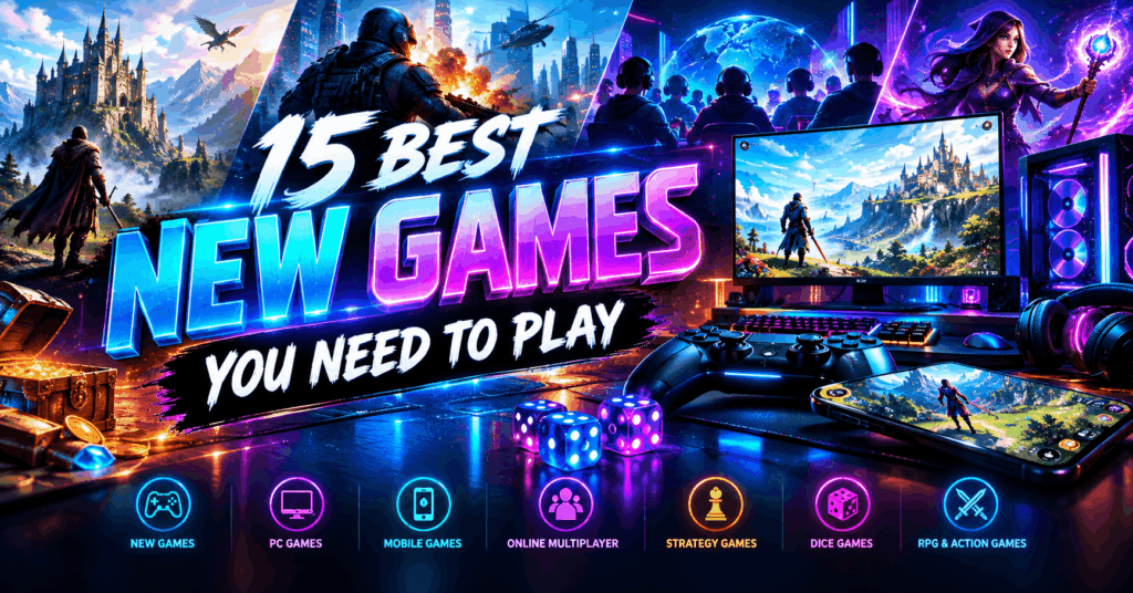 A cinematic gaming banner featuring the headline “15 Best New Games You Need to Play,” surrounded by a futuristic PC gaming setup, controller, smartphone, glowing dice, fantasy RPG scenery, multiplayer gamers, neon lighting, and digital effects in blue, purple, cyan, and orange.