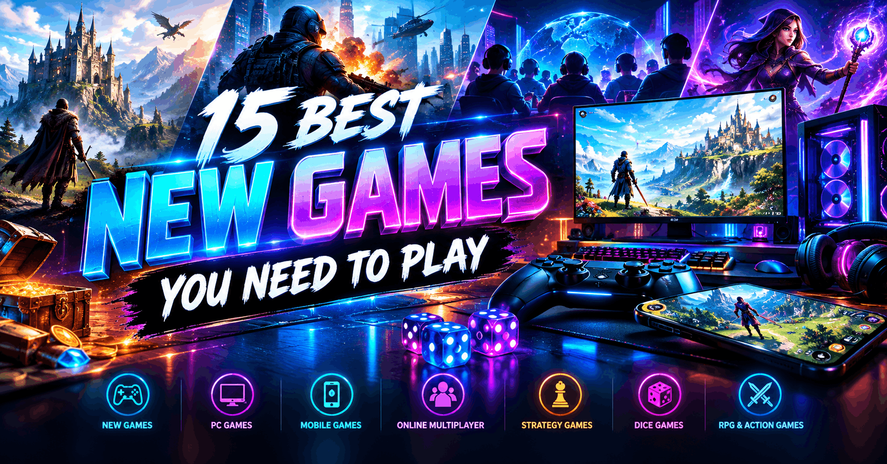 A cinematic gaming banner featuring the headline “15 Best New Games You Need to Play,” surrounded by a futuristic PC gaming setup, controller, smartphone, glowing dice, fantasy RPG scenery, multiplayer gamers, neon lighting, and digital effects in blue, purple, cyan, and orange.