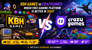 KBH Games vs CrazyGames comparison banner featuring free online games, browser games, multiplayer games, retro games, and modern gaming platforms in 2026.