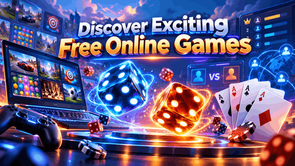 Colorful gaming banner with glowing dice, playing cards, gaming laptop, controller, and multiplayer graphics under the title “Discover Exciting Free Online Games.”