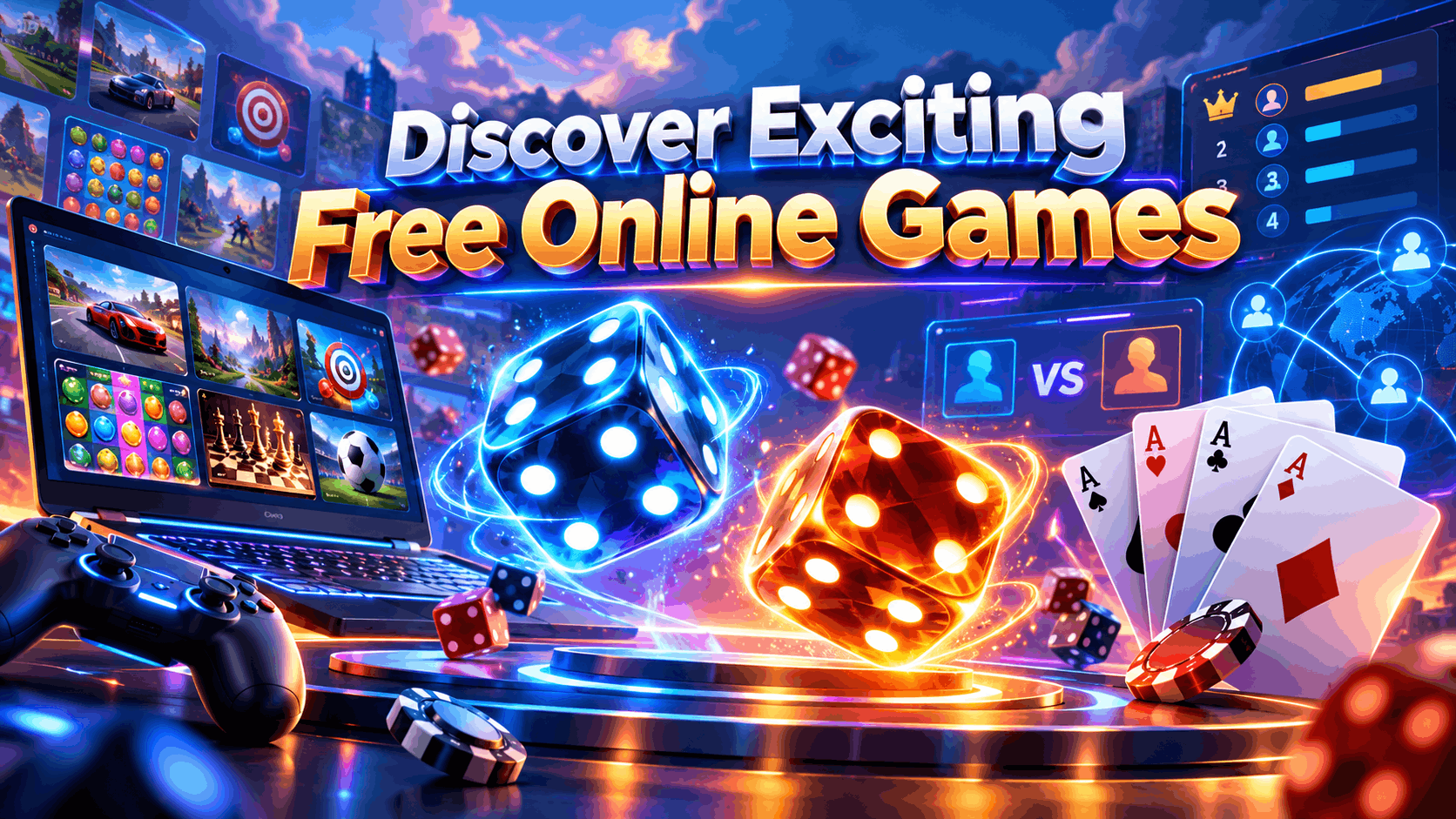 Colorful gaming banner with glowing dice, playing cards, gaming laptop, controller, and multiplayer graphics under the title “Discover Exciting Free Online Games.”