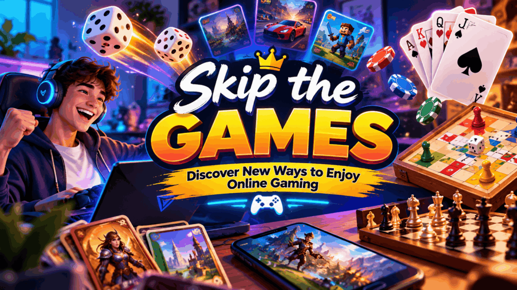 Skip the Games online gaming banner featuring a gamer, dice games, board games, card games, chess, and exciting multiplayer gaming experiences.