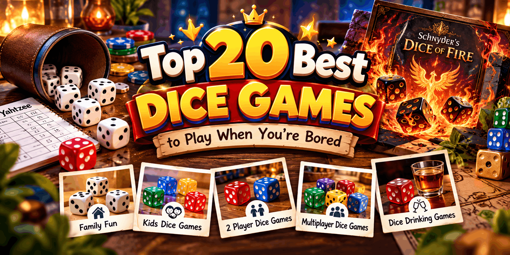 Top 20 best dice games to play when bored featuring colorful dice and Schnyder’s Dice of Fire.