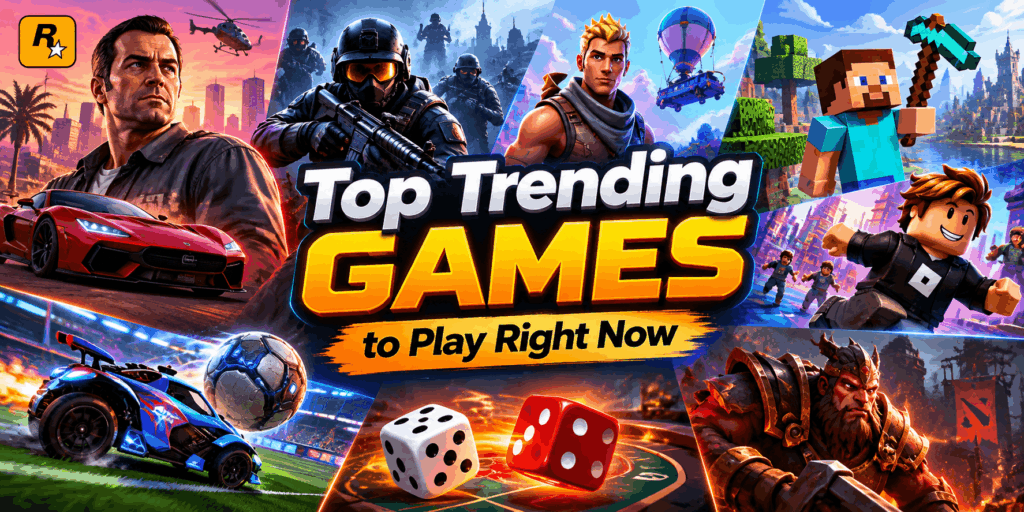 Top trending games to play right now featuring popular online, multiplayer, action, strategy, and dice games.
