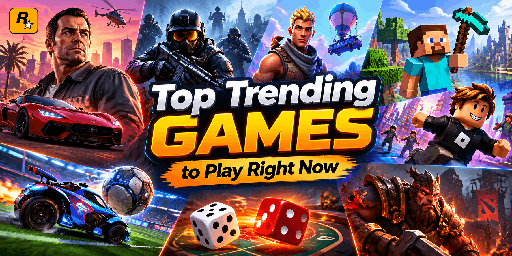 Top trending games to play right now featuring popular online, multiplayer, action, strategy, and dice games.