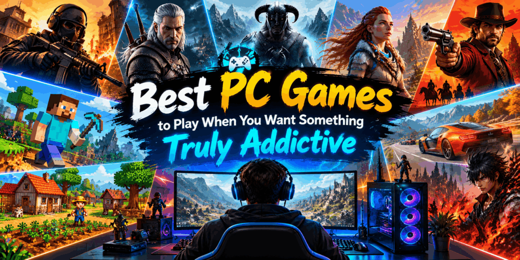 Colorful PC gaming banner featuring a gamer at a desktop setup surrounded by action, fantasy, racing, sandbox, and adventure game scenes.
