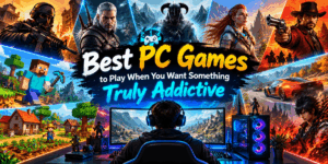 Colorful PC gaming banner featuring a gamer at a desktop setup surrounded by action, fantasy, racing, sandbox, and adventure game scenes.